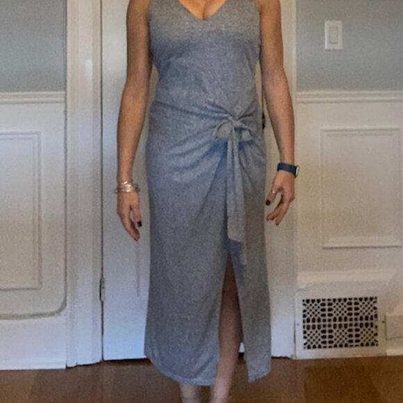 Sage The Label Midi Dress Blue knit Size Medium Lined Waist Tie V neck - Picture 7 of 11